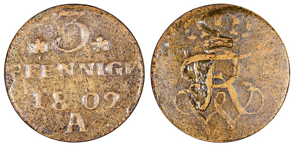 Пруссия 3 пфеннига 1802 A, в лаке KM 374, Jaeger 3a медь 3458-528