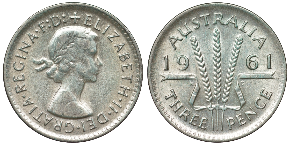 Австралия 3 пенса 1961 m, Елизавета II (1952-2022) KM 57 серебро 71-719