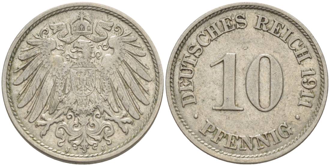 Германия 10 пфеннигов 1911 J KM 12, Jager 13, Weege 8 медно-никель 219-217