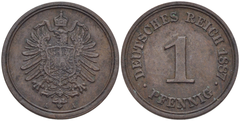 ГЕРМАНИЯ 1 ПФЕННИГ 1887 A, СТАРОГЕРБОВКА KM 1, J. 1 медь 100-311