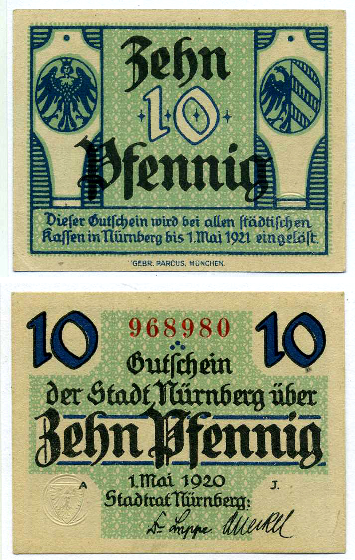 НЮРНБЕРГ 10 ПФЕННИГОВ 1920 1 МАЯ 1920 - 1 МАЯ 1921, НОТГЕЛЬД, ЗЕМЛЯ БАВАРИЯ Grabowski N58.2a бумага 2193-10-3-1