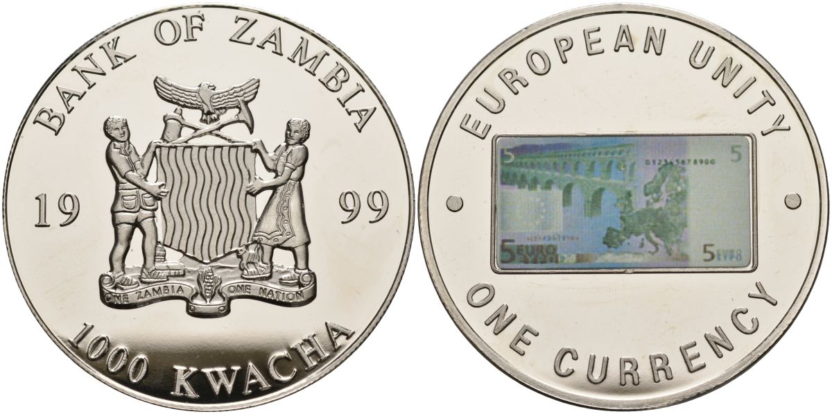 Замбия 1000 квача 1999 серия европейский союз - одна валюта, 5 евро реверс, серебрение KM 121 медь никель цинк 1098-3-32