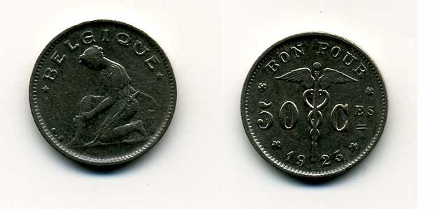 БЕЛЬГИЯ 50 САНТИМОВ 1923 BELGIQUE KM 87 никель 46-362