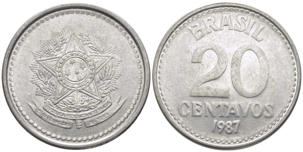 Бразилия 20 сентаво 1987 герб KM 603, Schon 112 нержавеющая сталь 112-862