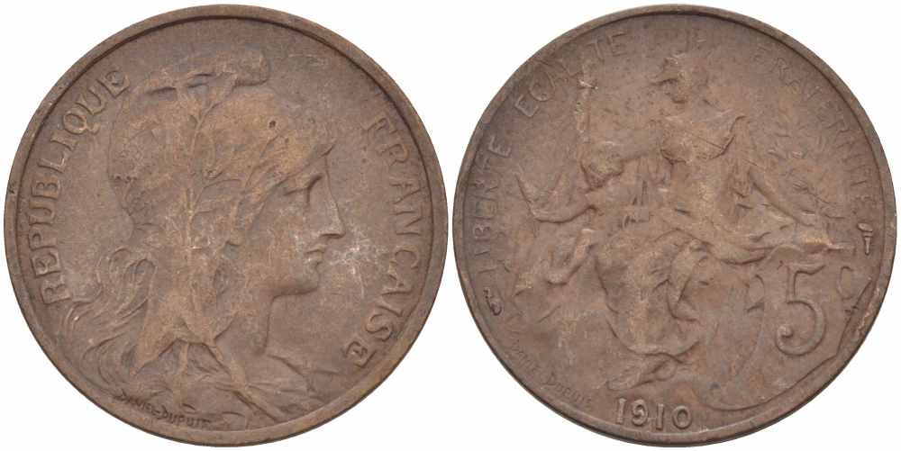 ФРАНЦИЯ 5 САНТИМОВ 1910 ТИП ДАНИЭЛЬ ДЮПЮИ KM 842, LE FRANC 119.22 бронза 108-923