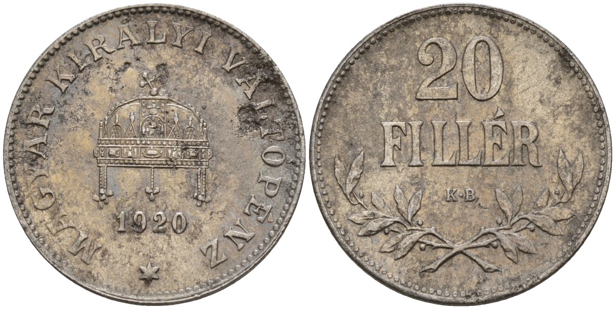 Венгрия 20 филлеров 1920 КВ, Карл I (1916-1918), редкий год KM 498 железо 4151-1029
