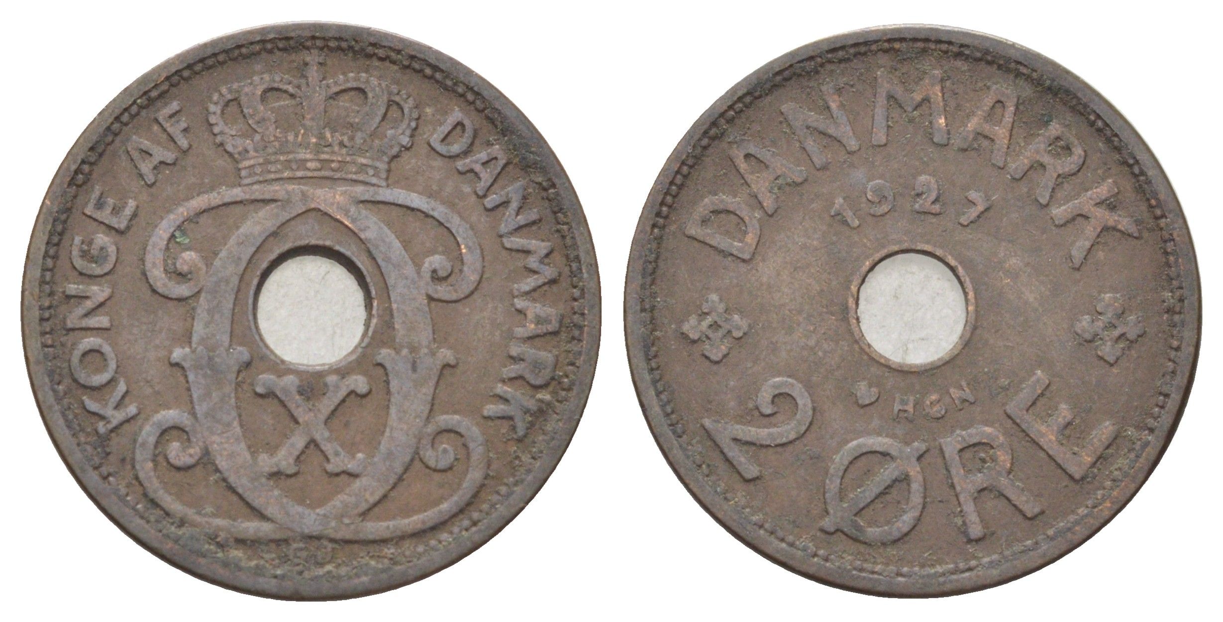 Дания 2 эре 1927 NCH, Кристиан X (1912-1947) KM 827 бронза 4701-634