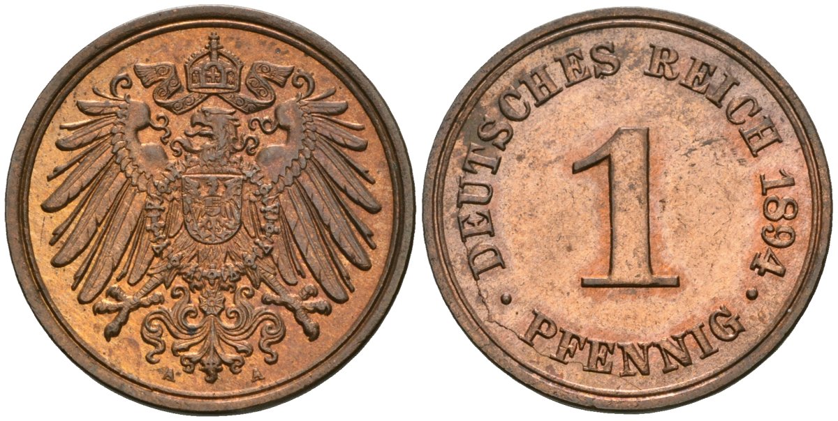 Германия 1 пфенниг 1894 A, Вильгельм II (1888-1918) KM 10, J. 10 медь aUNC 1525-535