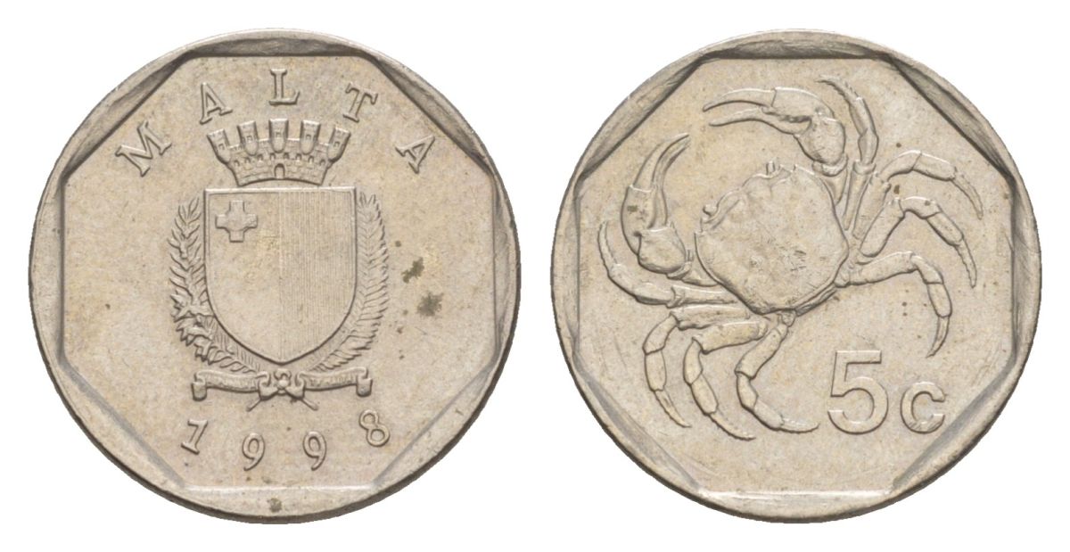 Мальта 5 центов 1998 краб KM 95 медно-никель 4632-861