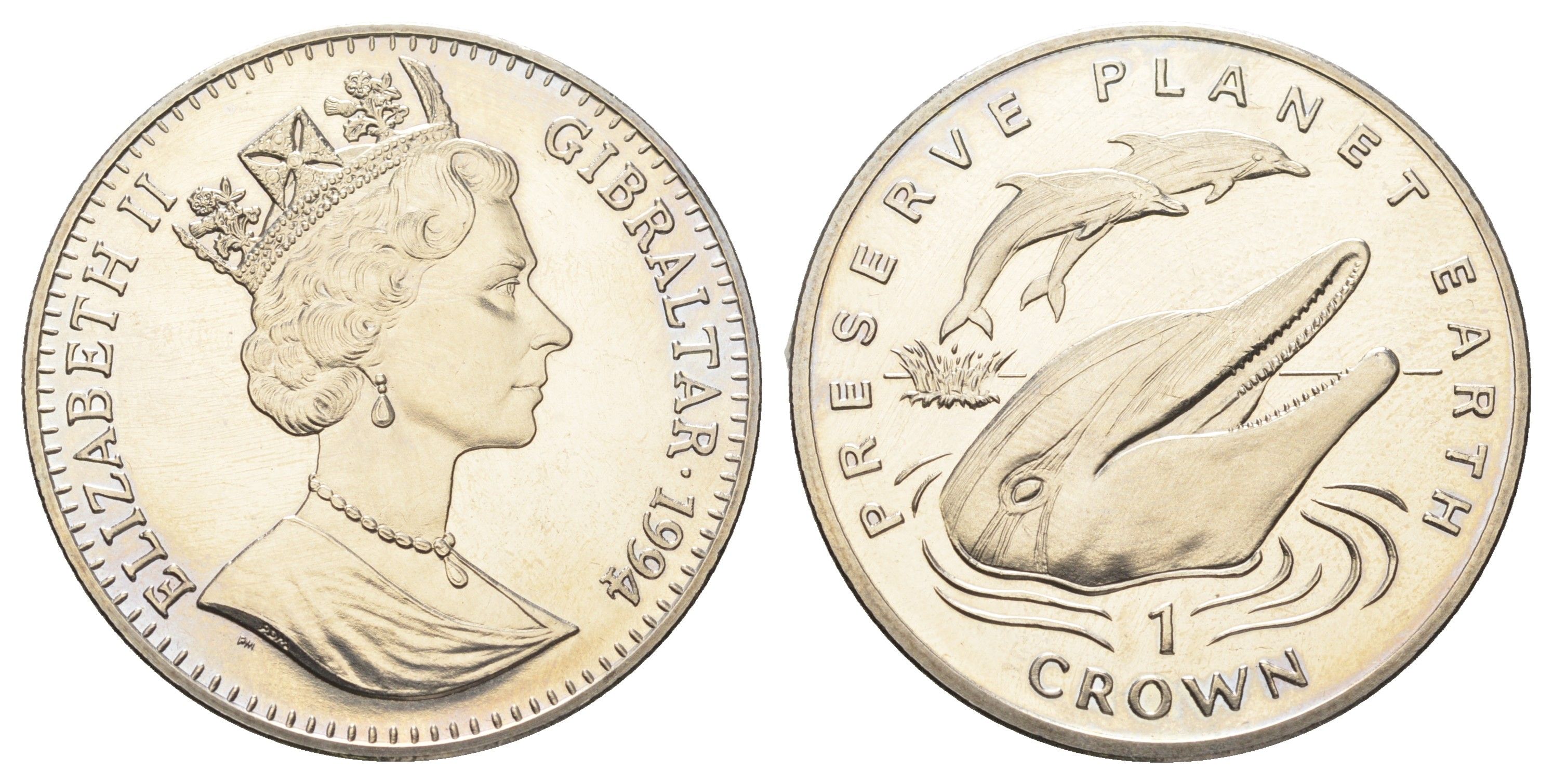 Гибралтар 1 крона 1994 Заповедник планета Земля - Полосатый дельфин KM 243 медно-никель BU 1524-1842