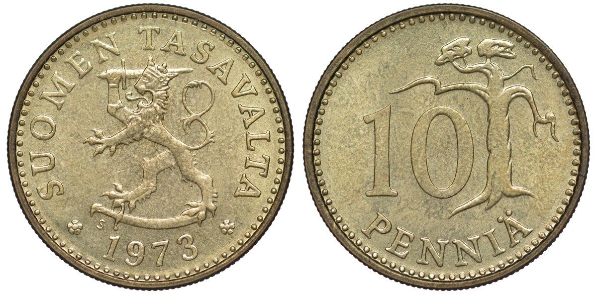 ФИНЛЯНДИЯ 10 ПЕННИ 1973 S KM 46 алюминиевая бронза 3334-1129