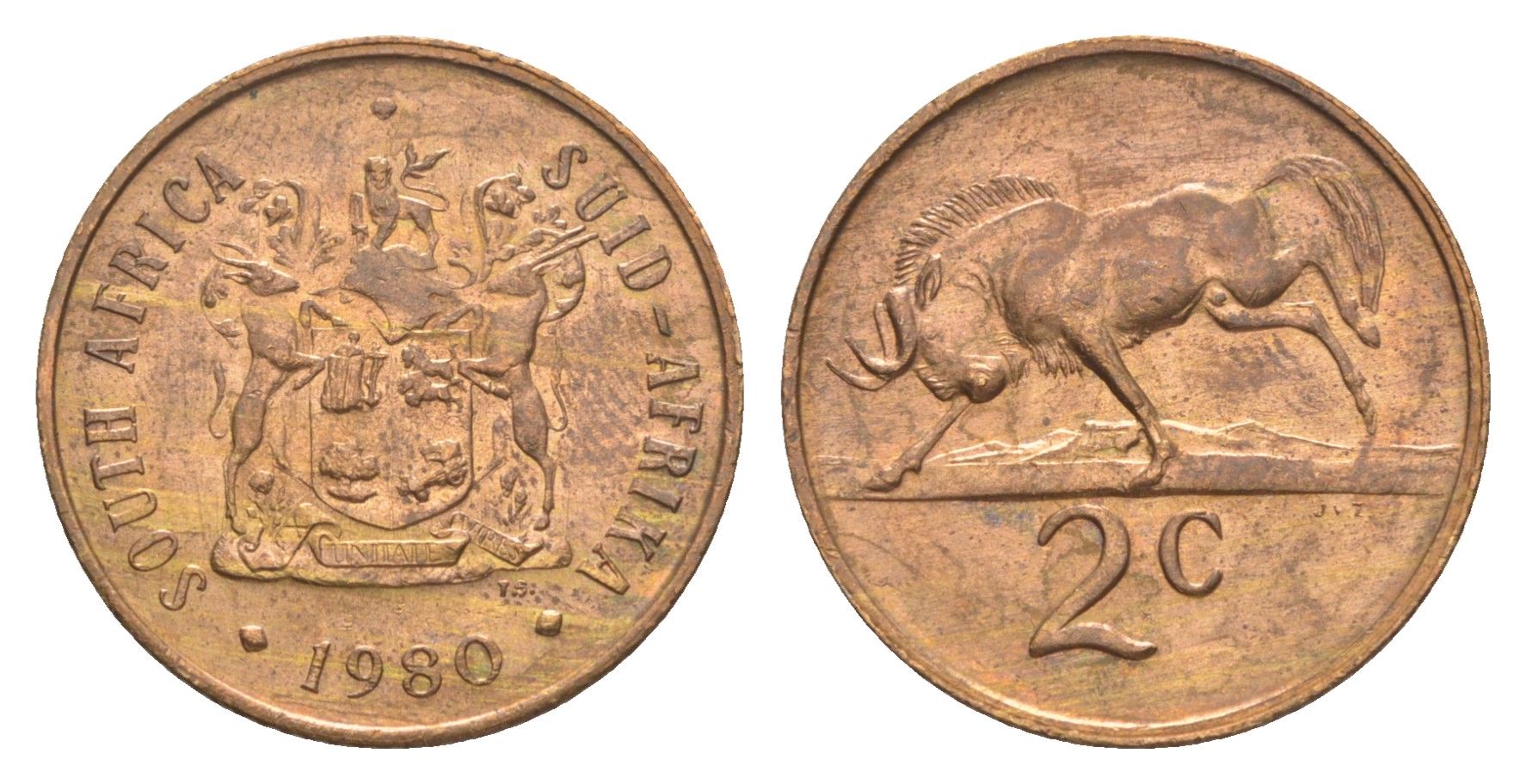 ЮАР 2 цента 1980 герб, антилопа гну KM 83 бронза aUNC 4621-148