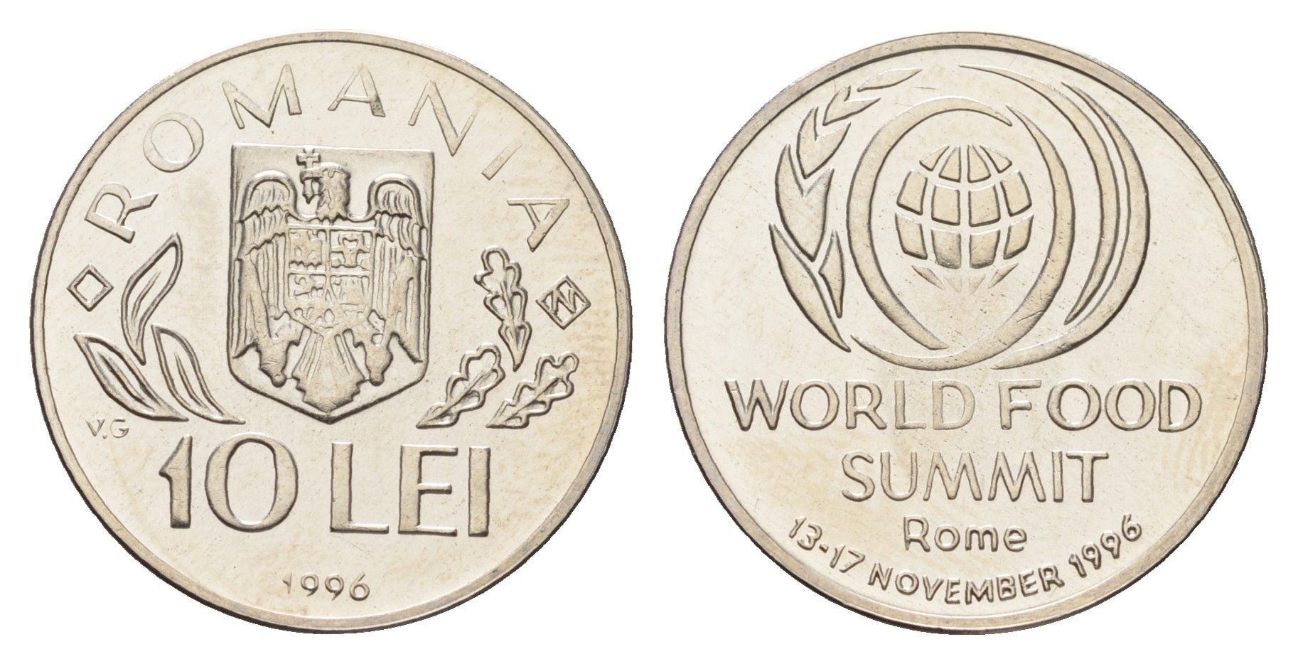 Румыния 10 леев 1996 N, Международный продовольственный саммит в Риме KM 126 сталь плакировнная никелем UNC 4662-247