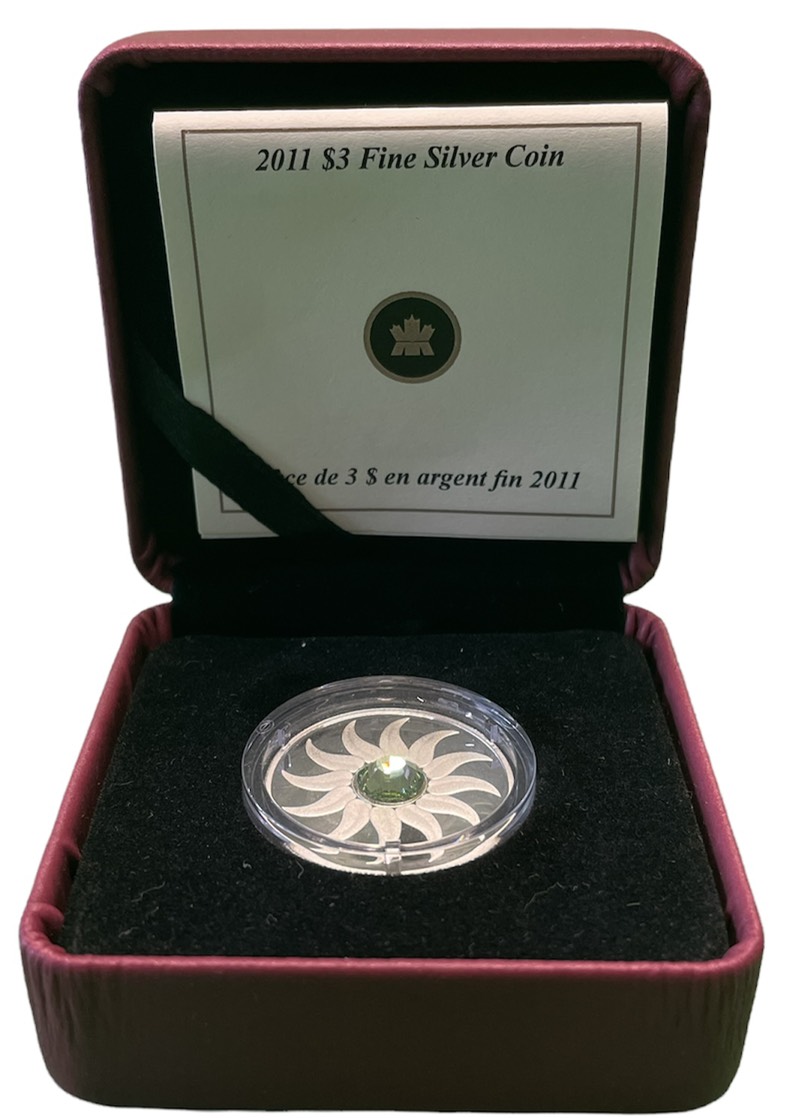 Канада 3 доллара 2011 на день рождения, август, камень месяца перидот KM NEW серебро PROOF 4-3-4-32