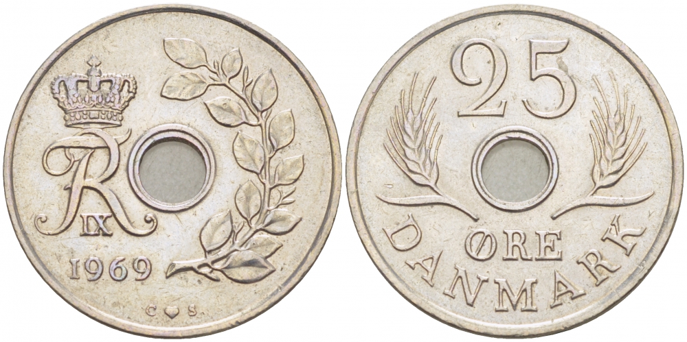 Дания 25 эре 1969 С;S, Фредерик IX (1947-1972) KM 855 медно-никель UNC 3996-932