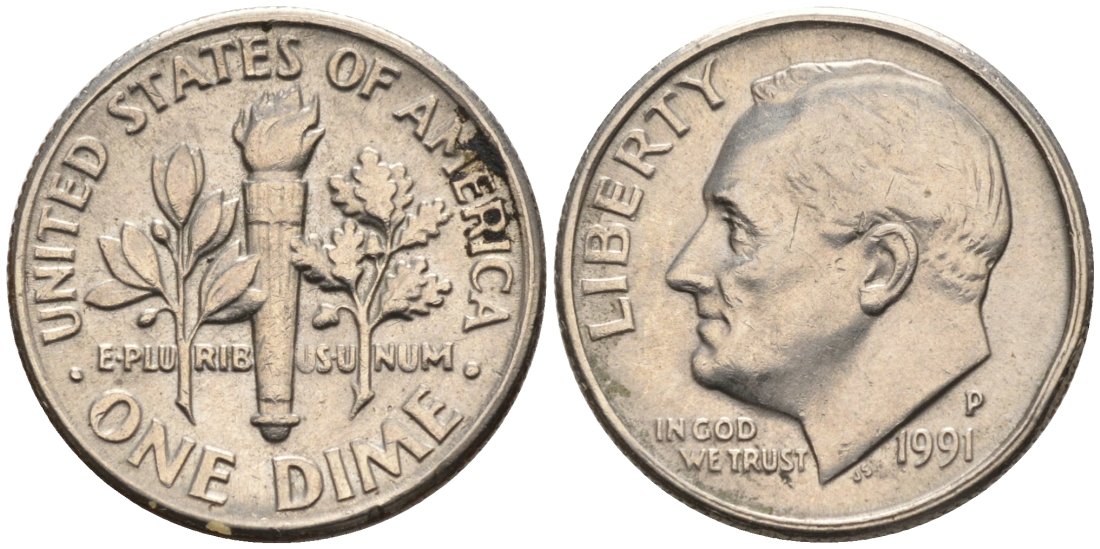 США 10 центов = дайм 1991 P, Рузвельт КМ 195а медь плакированная медно-никелем 4567-619