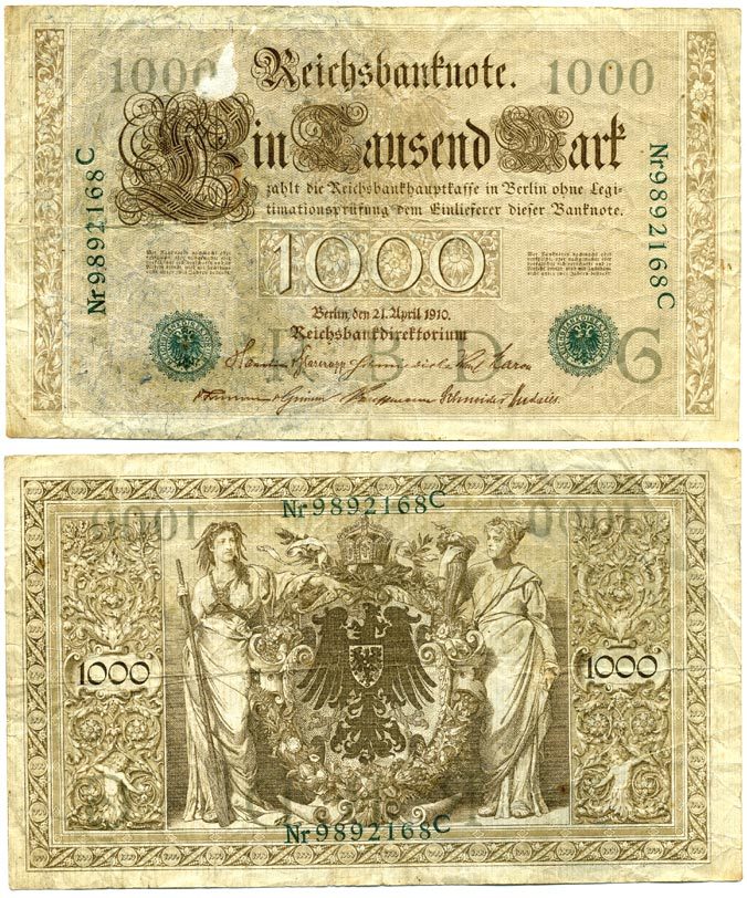 ГЕРМАНИЯ 1000 МАРОК 1910 ЗЕЛЕНАЯ ПЕЧАТЬ, 7 ЦИФР В НОМЕРЕ Pick 45b бумага 2192-32-1