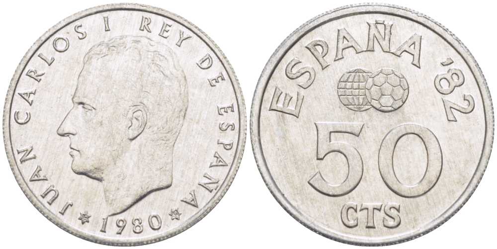 Испания 50 сентимо 1980 (80) чемпионат мира по футболу в Испании 1982 года, Хуан Карлос I (1975-) KM 815 алюминий 214-623