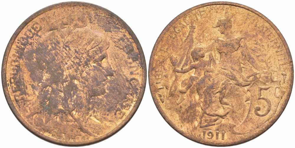 ФРАНЦИЯ 5 САНТИМОВ 1911 ТИП ДАНИЭЛЬ ДЮПЮИ KM 842, LE FRANC 119.23 бронза 108-926