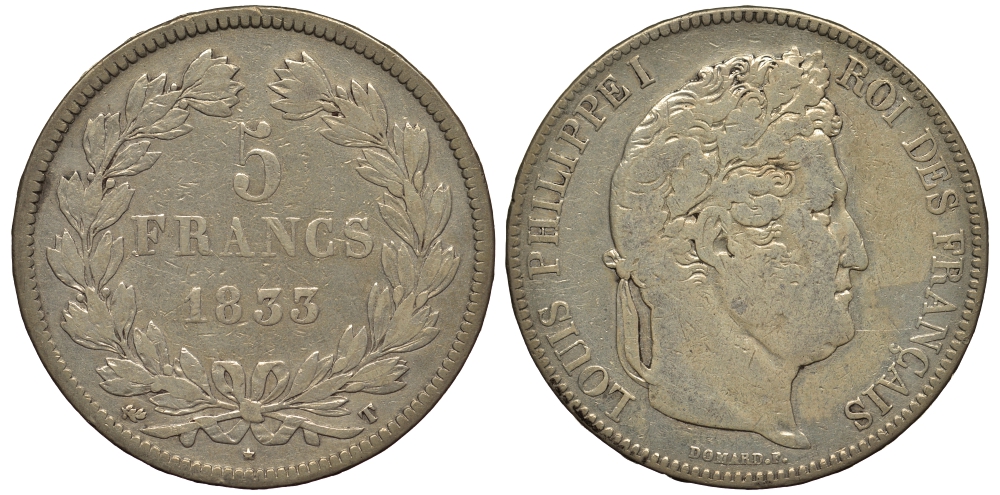 Франция 5 франков 1833 Т, Луи Филипп I (1830-1848) KM 749.7 серебро 1524-1125