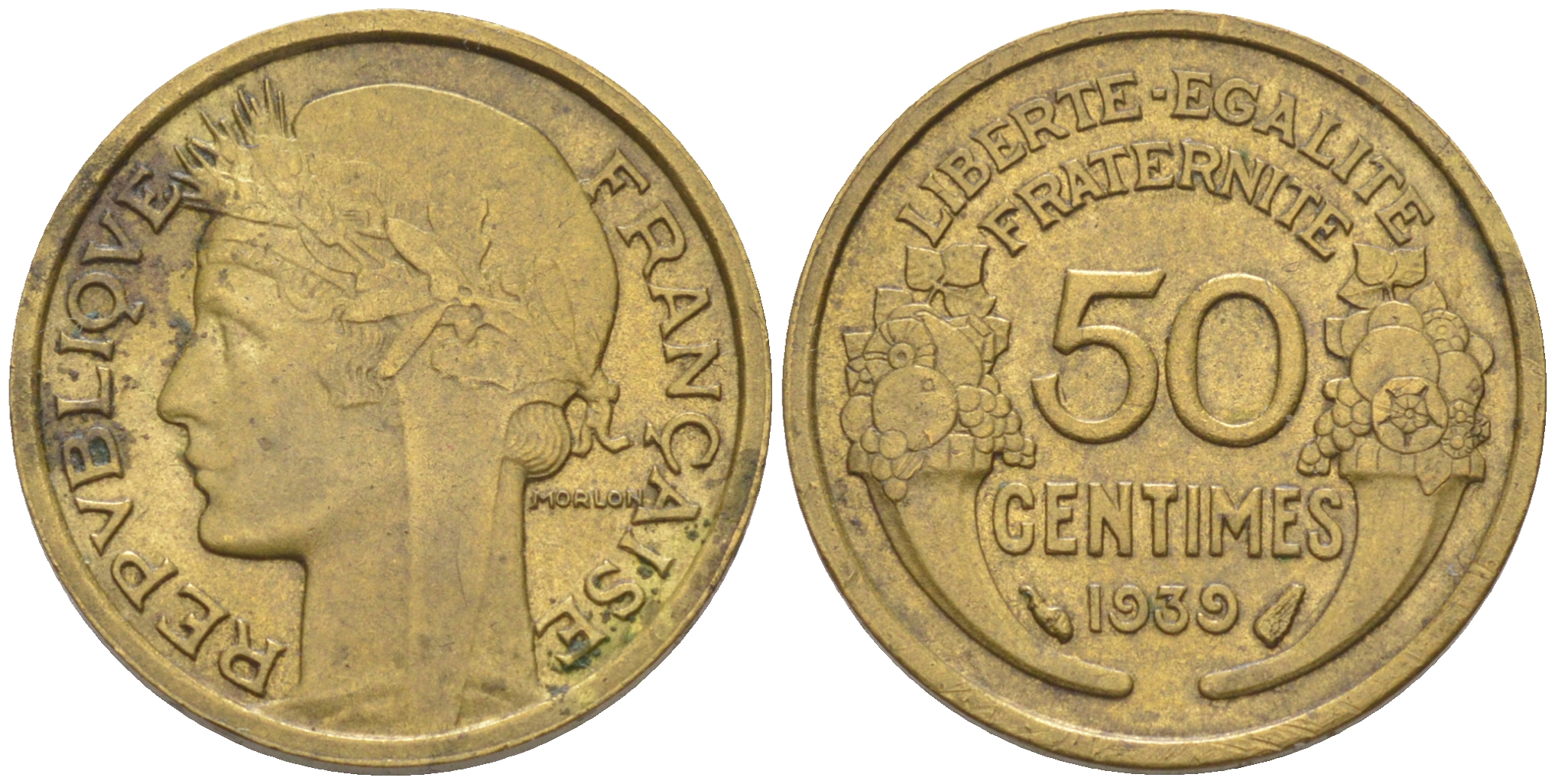 Франция 50 сантимов 1939 тип морлон KM 894.1, LE FRANC 192.15 алюминиевая бронза 187-848