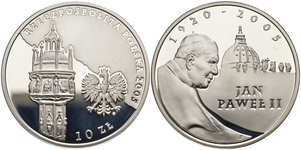 Польша 10 злотых 2005 MW, Иоанн Павел II, собор Святого Петра в Риме KM 539 серебро PROOF 11-119-26