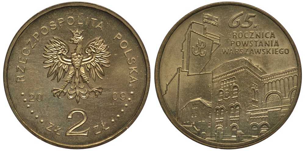 Польша 2 злотых 2009 MW, 65 лет Варшавскому восстанию KM 687 латунь 111-336