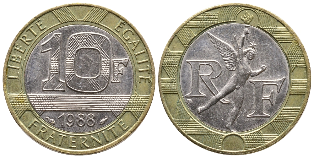 Франция 10 франков 1988 тип Гений Бастилии KM 964.1, Le Frank 375.2 биметалл 83-1952