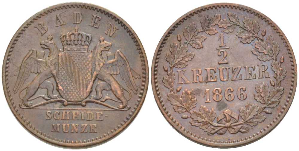 Баден 1/2 крейцера 1866 Фридрих I (1856-1907) KM 241, Jaeger 80, AKS 134. медь UNC 441-424