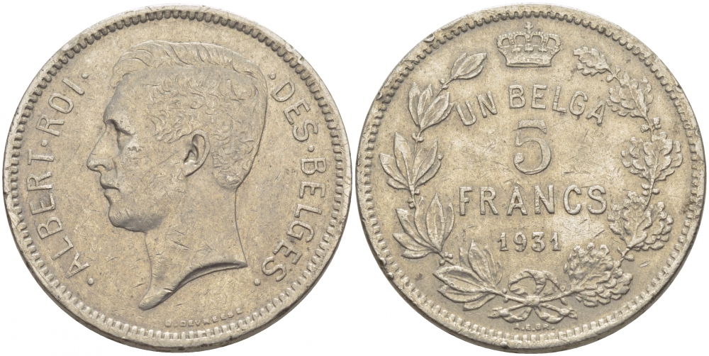 БЕЛЬГИЯ 5 ФРАНКОВ 1931 BELGES KM 97.1 никель 114-842