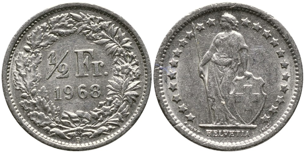 Швейцария 1/2 франка 1968 В KM 23а.1 медно-никель 4532-426