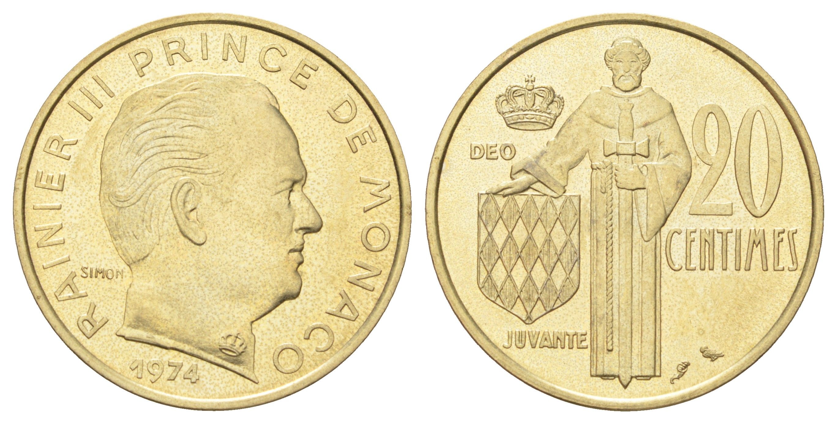 Монако 20 сантимов 1974 Ренье III (1949-2005), тираж 7.000 экземпляров KM 143 медь алюминий никель BU 4642-136