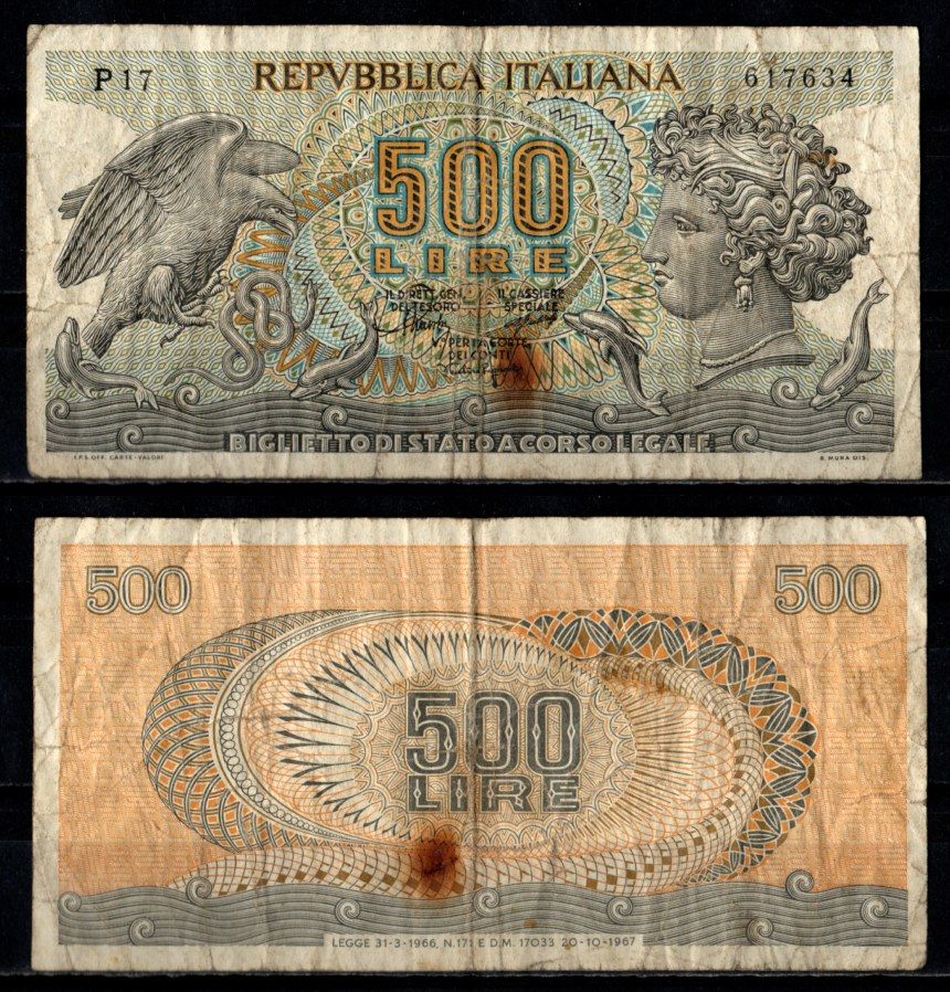 Италия 500 лир 1967 Pick 93 a бумага 7221-37-1-1