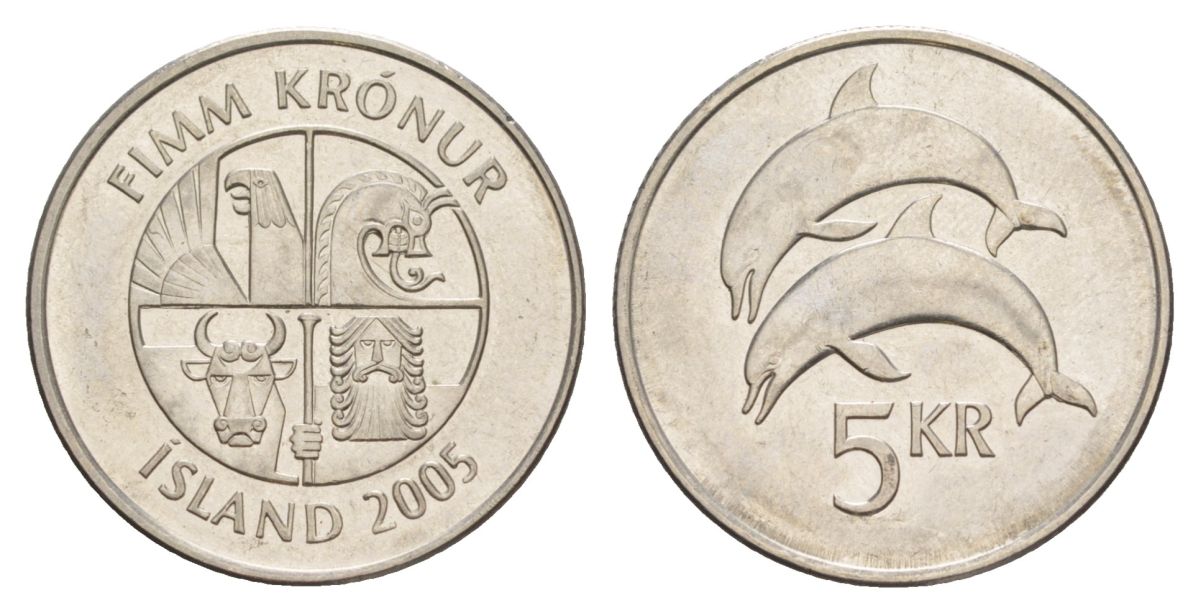 Исландия 5 крон 2005 дельфины KM 28a сталь плакированная никелем UNC 4635-133