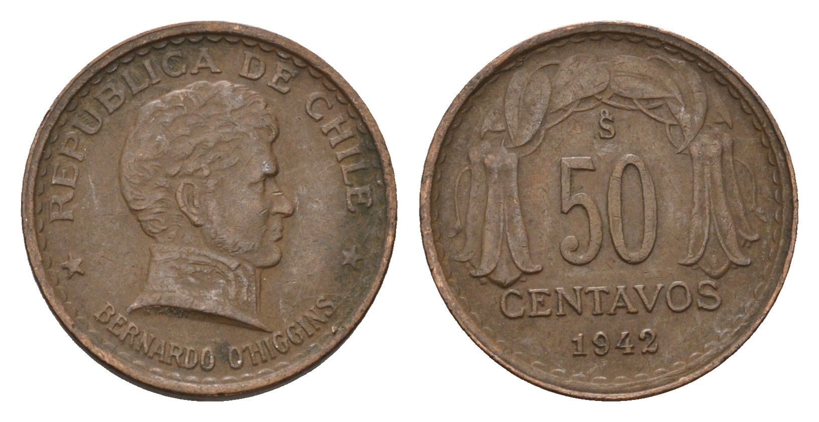 Чили 50 сентаво 1942 год-тип KM 178 медь 4685-845