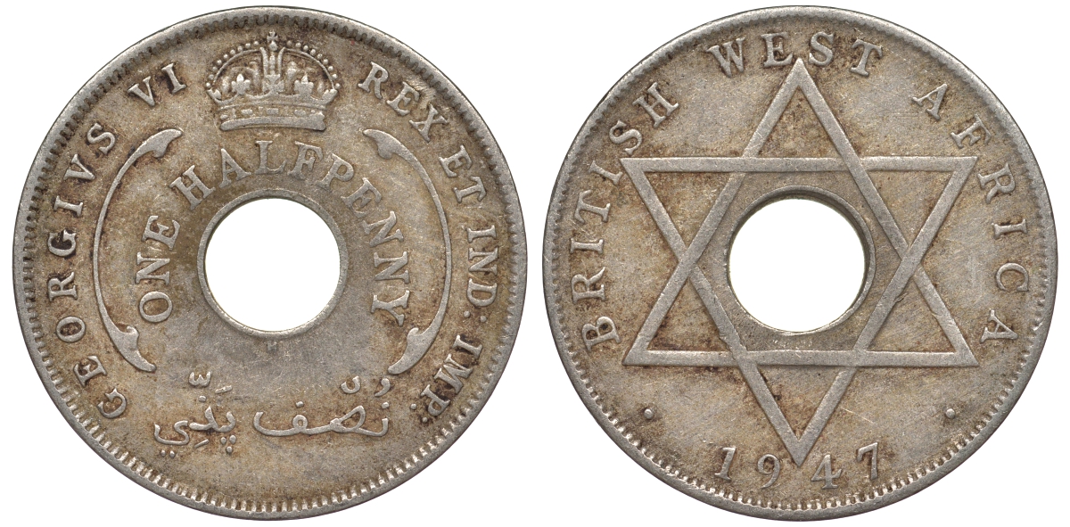 Британская Западная Африка 1/2 пенни 1947 H, Георг VI KM 18 медно-никель 25-1446