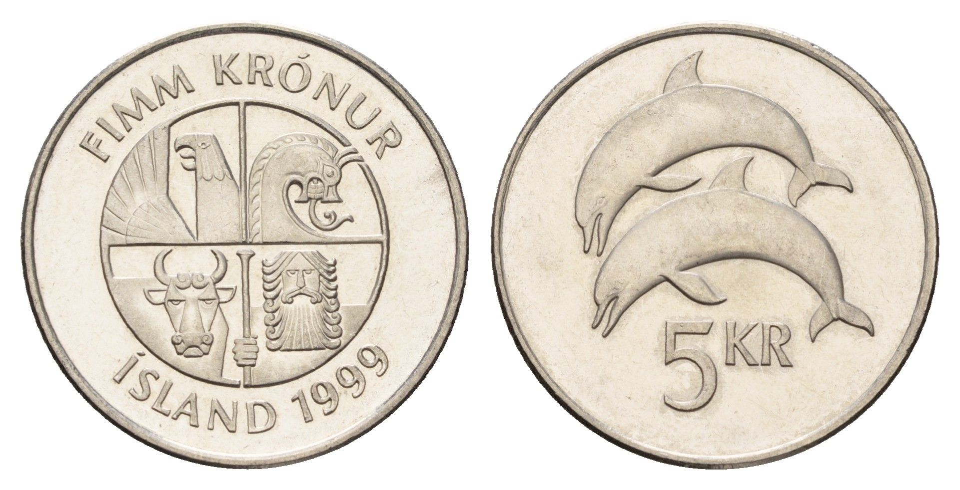 Исландия 5 крон 1999 дельфины KM 28a сталь плакированная никелем UNC 4691-417