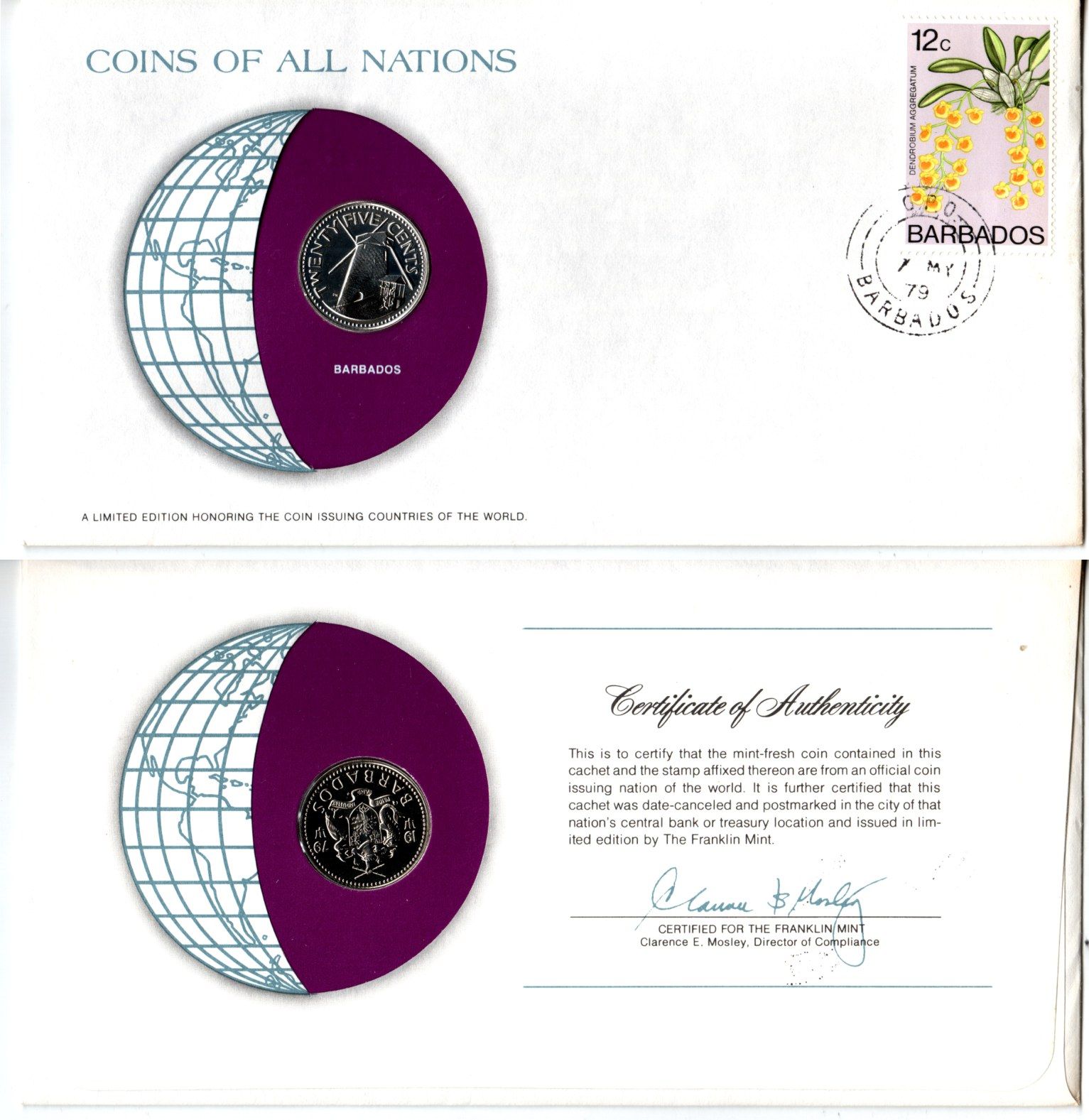 Барбадос 25 центов 1979 конверт с маркой первого дня гашения, Coins of Nations KM 13 медно-никель BU 4295-8-2
