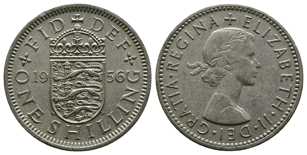 Великобритания 1 шиллинг 1956 Елизавета II (1952-2022), Английский герб KM 904, Spink 4147 медно-никель 4384-336