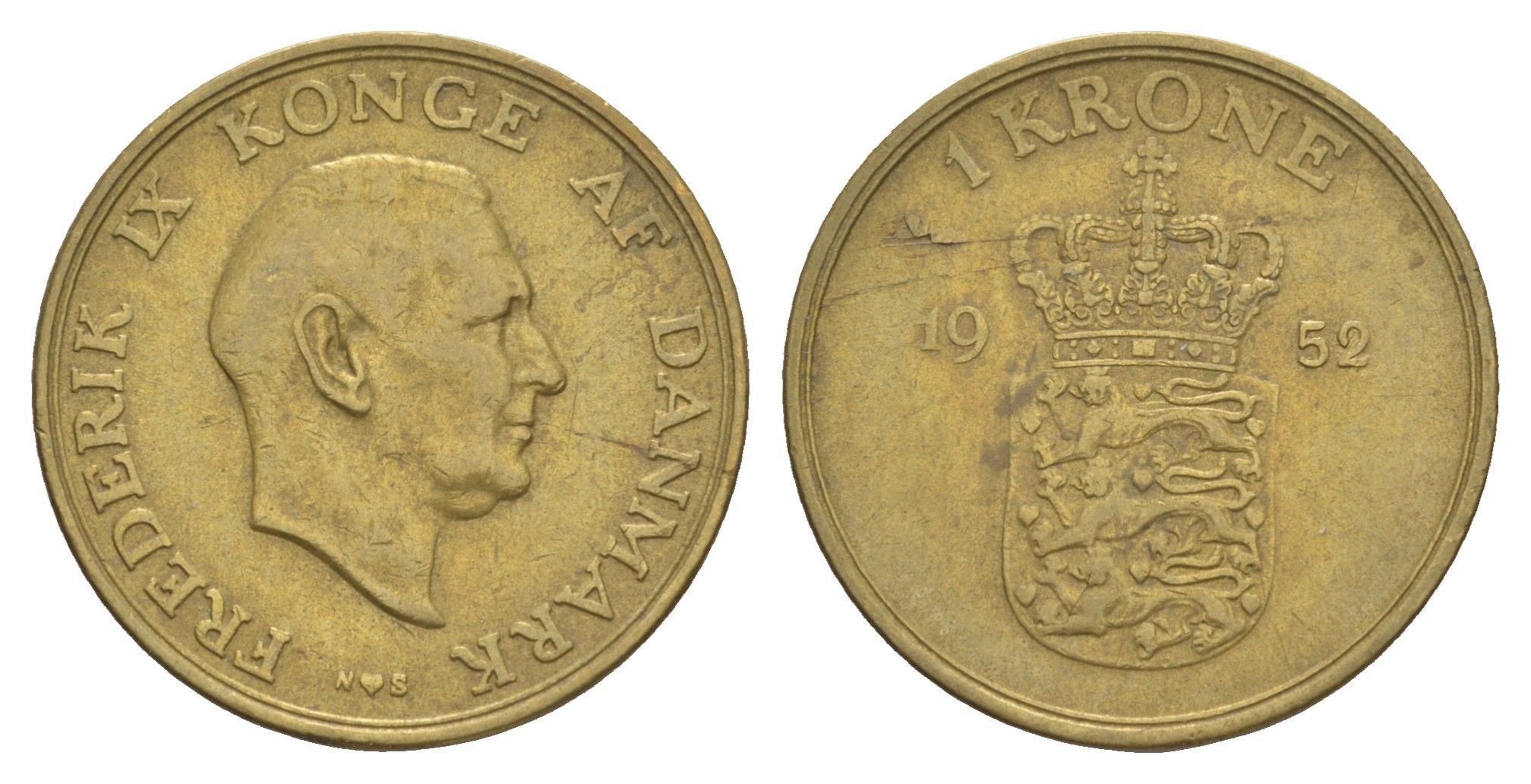 Дания 1 крона 1952 N, Фредерик IX (1947-1972) KM 837 алюминиевая бронза 4638-727