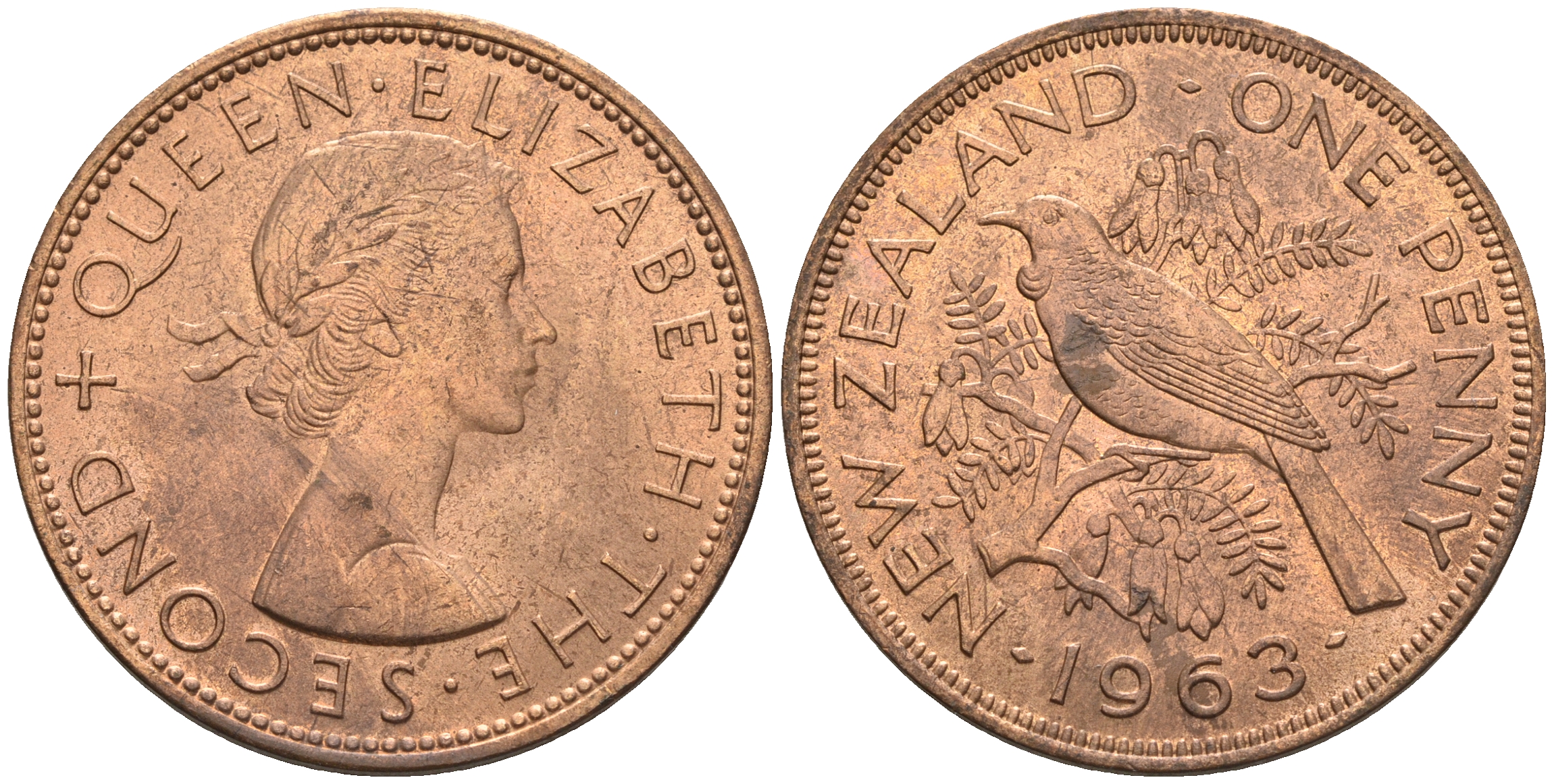 Новая Зеландия 1 пенс 1963 Елизавета II (1952-2022), новозеландский туи KM 24.2 бронза  aUNC  4367-831
