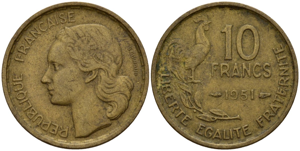 Франция 10 франков 1951 B, петух KM 915.2, Le Franc 363.5 алюминиевая бронза 4159-917