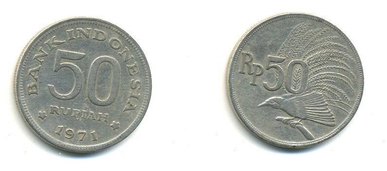 Индонезия 50 рупий 1971 райская птица KM 35 медно-никель 4364-737