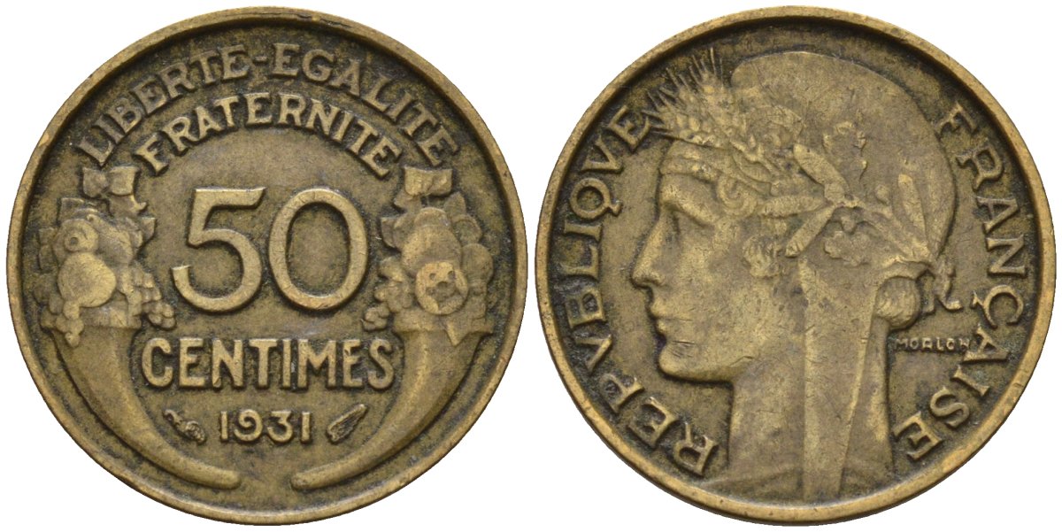 Франция 50 сантимов 1931 KM 894.1, Le Franc 192.15 алюминиевая бронза 4596-737