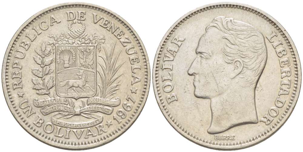 Венесуэла 1 боливар 1967 Симон Боливар KM 42 никель 4519-543
