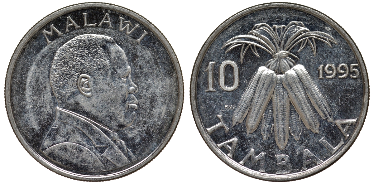 Малави 10 тамбала 1995 кукуруза KM 27 никелированная сталь 4163-1157