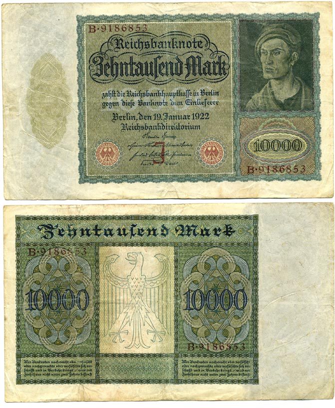 Германия 10000 марок 1922 Альбрехт Дюрер, серия B, литера J Pick 70, Розенберг 68а бумага 2192-87-1