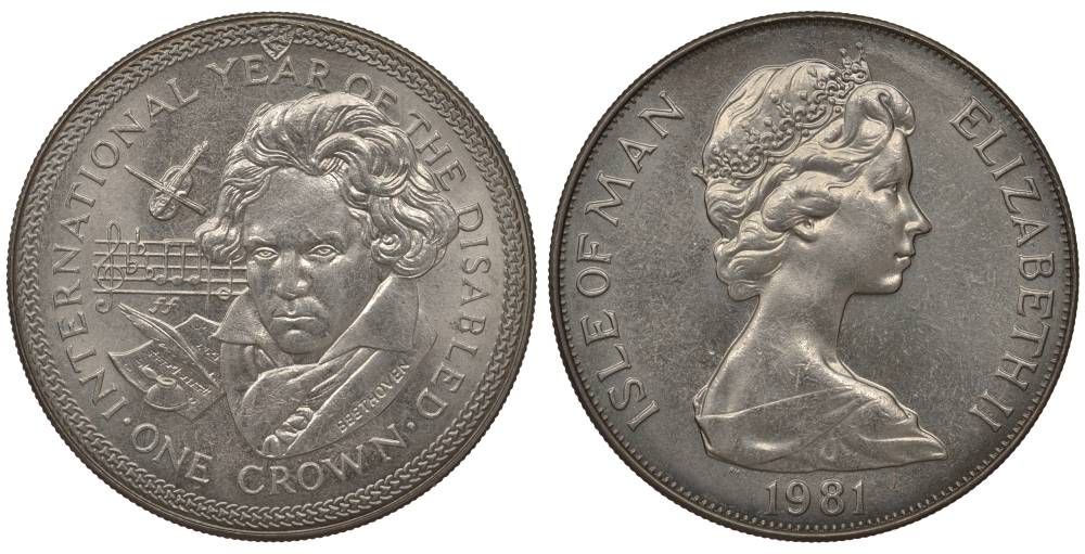 Остров Мэн 1 крона 1981 Международный год инвалидов, Бетховен КМ 78 медно-никель UNC 02-012-14