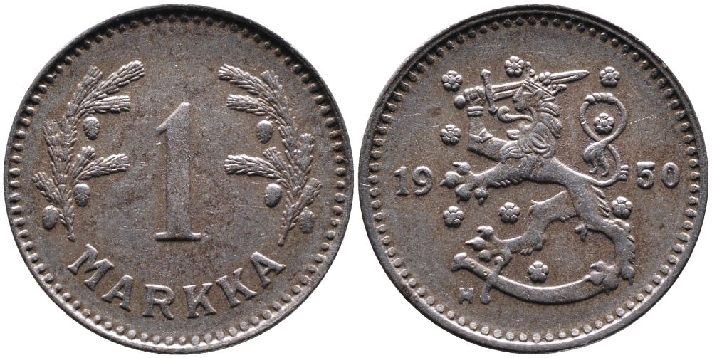 ФИНЛЯНДИЯ 1 МАРКА 1950 H KM 30b железо 4388-943