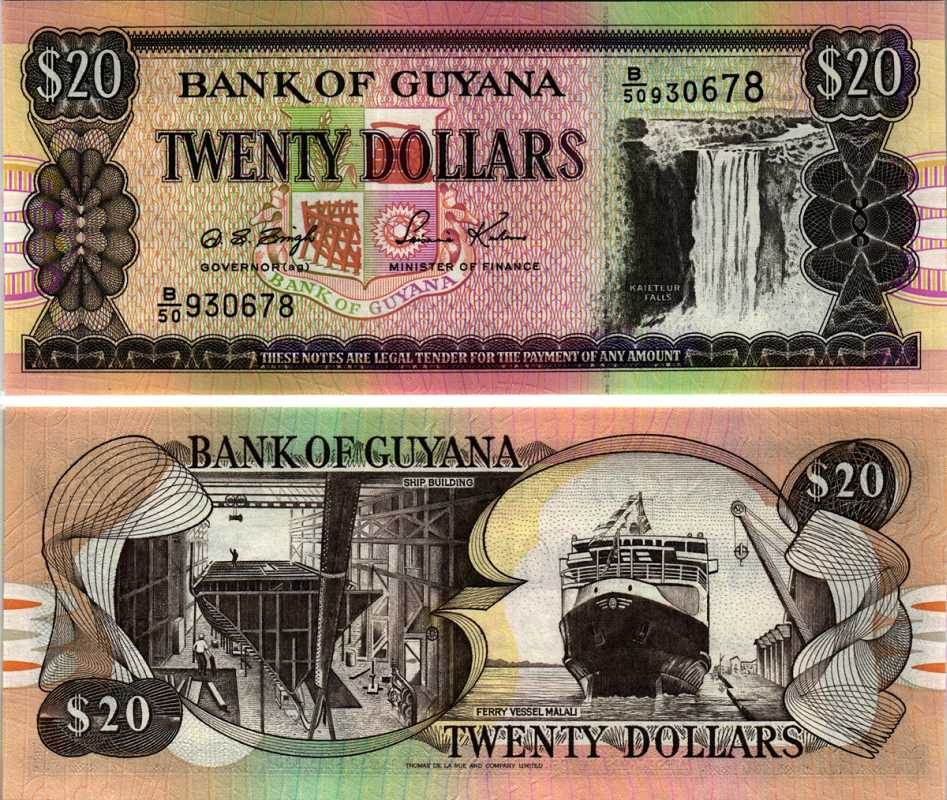 ГАЙАНА 20 ДОЛЛАРОВ 1996 ПОДПИСЬ 12, ВОДОПАД КАЙЕТУР Pick 30b бумага UNC (ПРЕСС) 8606-49-3-2